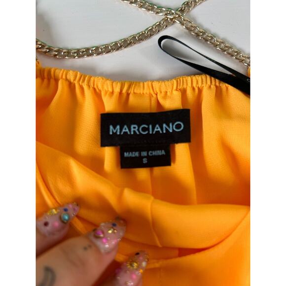 Marciano Yellow Semi-Sheer Tiered Ruffle Round Neck Gold Chain Straps Blouse S - Picture 5 of 9